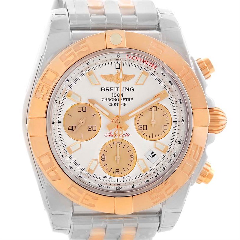 This image shows the front view of a Breitling Chronomat watch, highlighting the dial, bezel, and part of the bracelet.