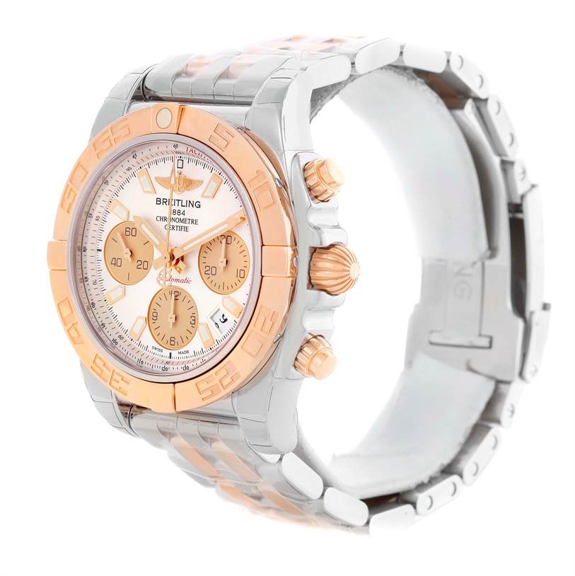 The image shows a side angle of the Breitling Chronomat CB014012-G713-378C Men
s Steel and Gold (two tone) White Dial CB014012-G713-378C Men
s Steel and Gold (two tone) White Dial watch, highlighting the face, crown, pushers, and metal bracelet.