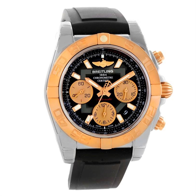 The image shows a front angle view of a Breitling Chronomat CB014012/BA53 Men's Steel and Gold (two tone) Black Dial CB014012/BA53 Men's Steel and Gold (two tone) Black Dial watch featuring a stainless steel and rose gold case with a black rubber strap.