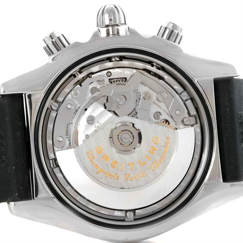 This image shows the back view of the Breitling Chronomat A13356 Men
s Stainless Steel Grey Dial A13356 Men
s Stainless Steel Grey Dial watch, highlighting its intricate mechanical movement.