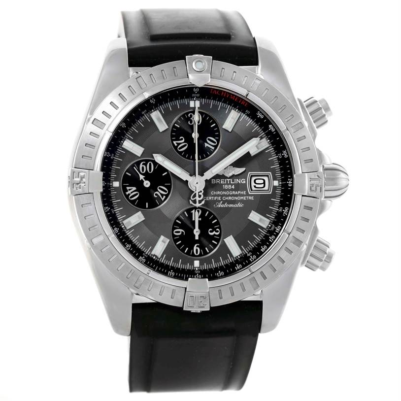 The image shows a front view of the Breitling Chronomat A13356 Men
s Stainless Steel Grey Dial A13356 Men
s Stainless Steel Grey Dial watch, highlighting its dial, bezel, pushers, and black strap.