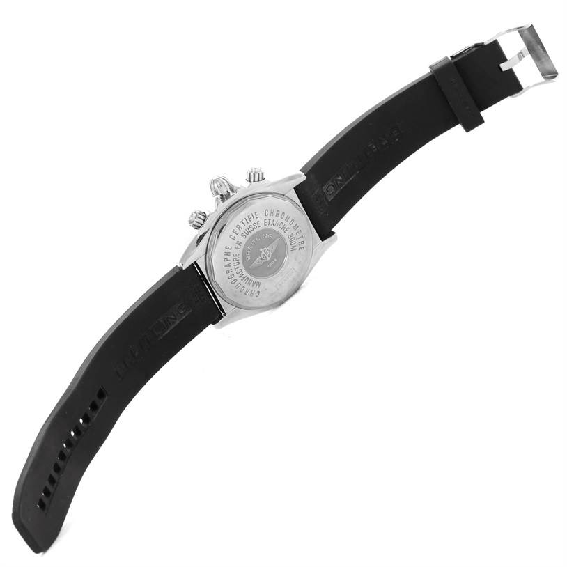 The image shows the back view of a Breitling Chronomat A13356 Men
s Stainless Steel Grey Dial A13356 Men
s Stainless Steel Grey Dial watch, highlighting its case back and rubber strap.