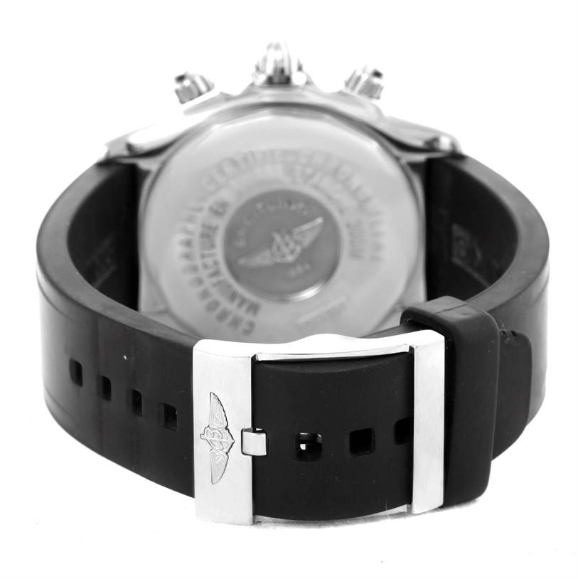 The image shows the back view of the Breitling Chronomat A13356 Men
s Stainless Steel Grey Dial A13356 Men
s Stainless Steel Grey Dial watch, highlighting the clasp and case back.