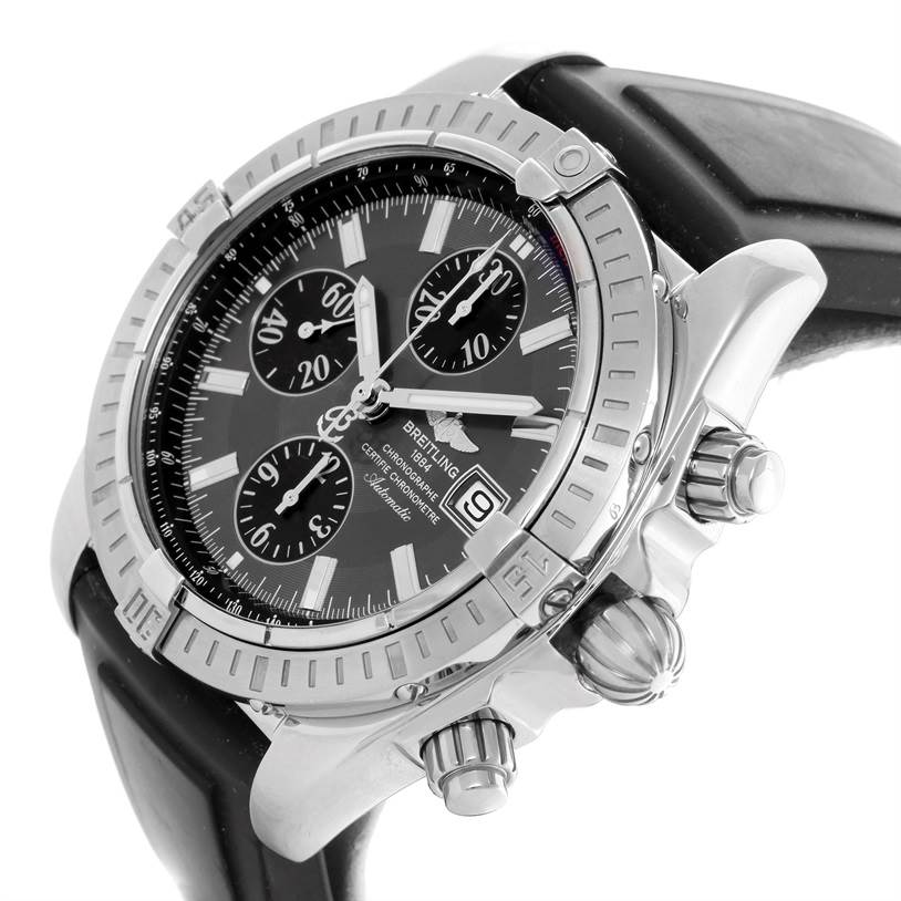 The image shows a Breitling Chronomat A13356 Men
s Stainless Steel Grey Dial A13356 Men
s Stainless Steel Grey Dial watch at a slight angle, highlighting its chronograph dials, bezel, crown, and pushers.