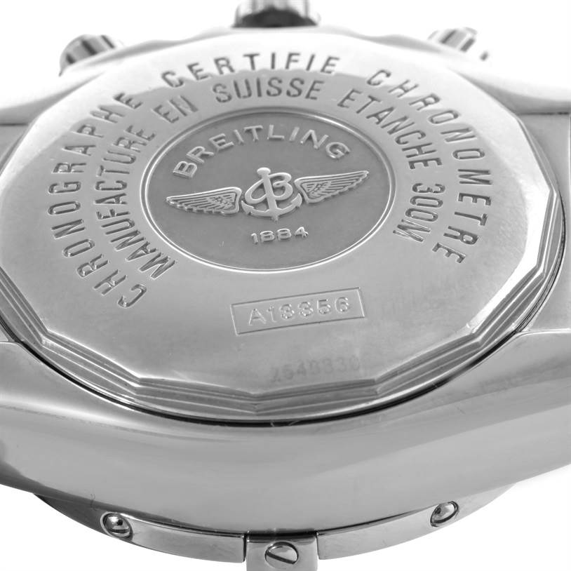 This is an image of the back case of the Chronomat model by Breitling, showing the engraved details and branding.
