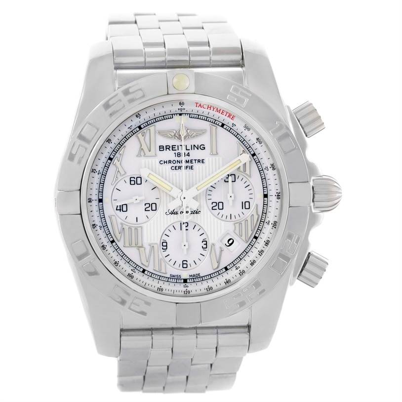 This image shows a front view of a Breitling Chronomat AB0110 Men
s Stainless Steel White Dial AB0110 Men
s Stainless Steel White Dial watch, displaying its dial, bezel, crown, subdials, and stainless steel bracelet.