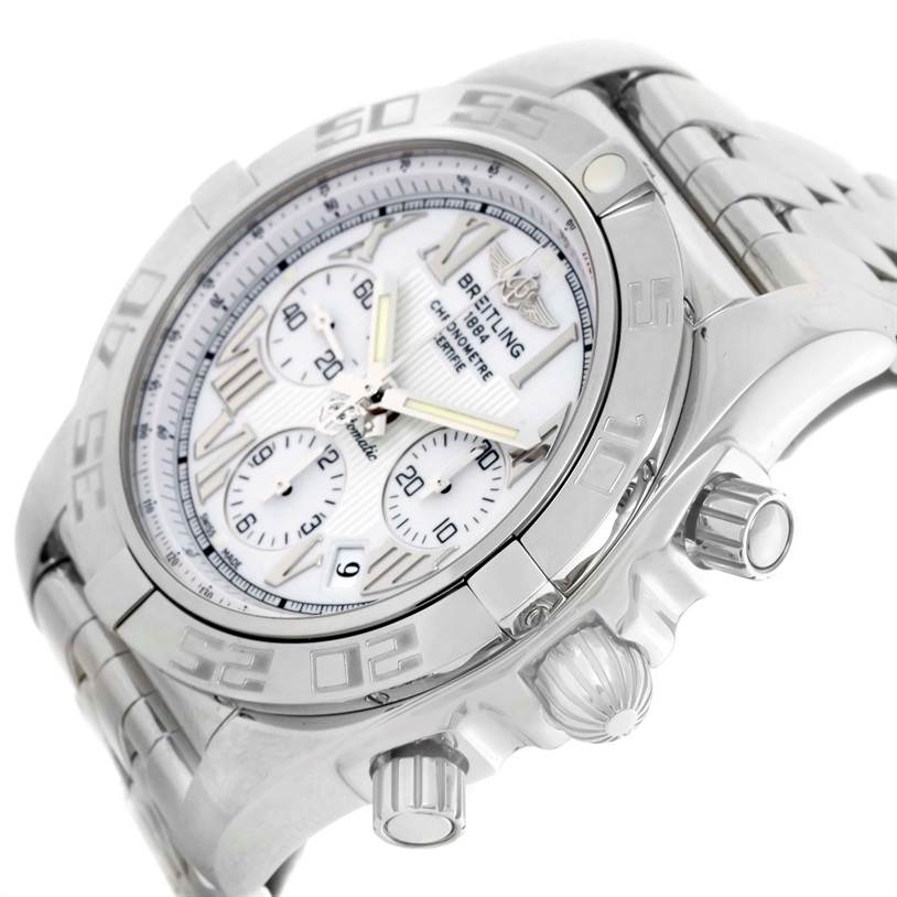 The Breitling Chronomat AB0110 Men
s Stainless Steel White Dial AB0110 Men
s Stainless Steel White Dial watch is shown from an angled view, highlighting its bezel, dial, chronograph sub-dials, and metal bracelet.
