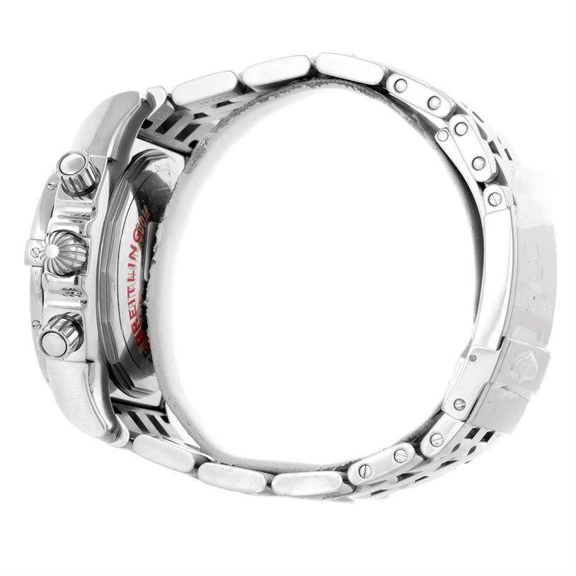 This image shows the side profile of the Breitling Chronomat AB0110 Men
s Stainless Steel White Dial AB0110 Men
s Stainless Steel White Dial watch, highlighting the bezel, crown, pushers, and bracelet.