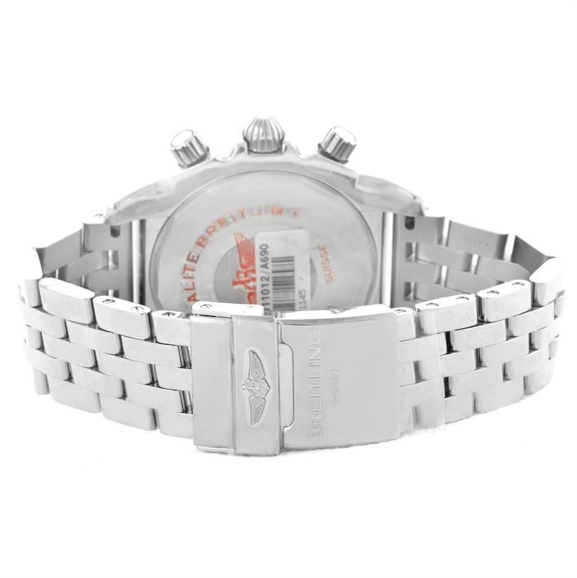 This image shows the back of the Breitling Chronomat AB0110 Men
s Stainless Steel White Dial AB0110 Men
s Stainless Steel White Dial watch, highlighting the clasp and part of the stainless steel bracelet.
