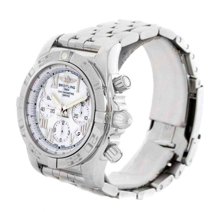 The Breitling Chronomat AB0110 Men
s Stainless Steel White Dial AB0110 Men
s Stainless Steel White Dial watch is shown at a three-quarter angle, displaying the dial, crown, pushers, and bracelet.