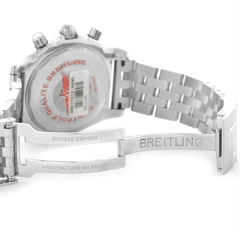 This image shows the back view of a Breitling Chronomat AB0110 Men
s Stainless Steel White Dial AB0110 Men
s Stainless Steel White Dial watch, highlighting its clasp and bracelet.
