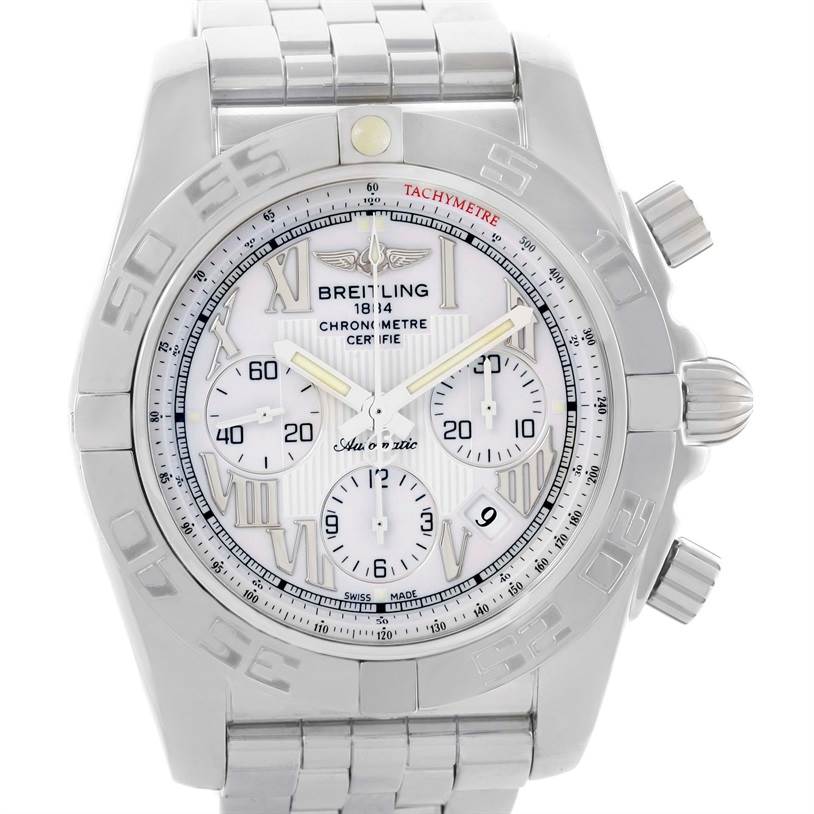 The image shows a front view of the Breitling Chronomat AB0110 Men
s Stainless Steel White Dial AB0110 Men
s Stainless Steel White Dial watch, highlighting the dial, bezel, crown, pushers, and part of the bracelet.
