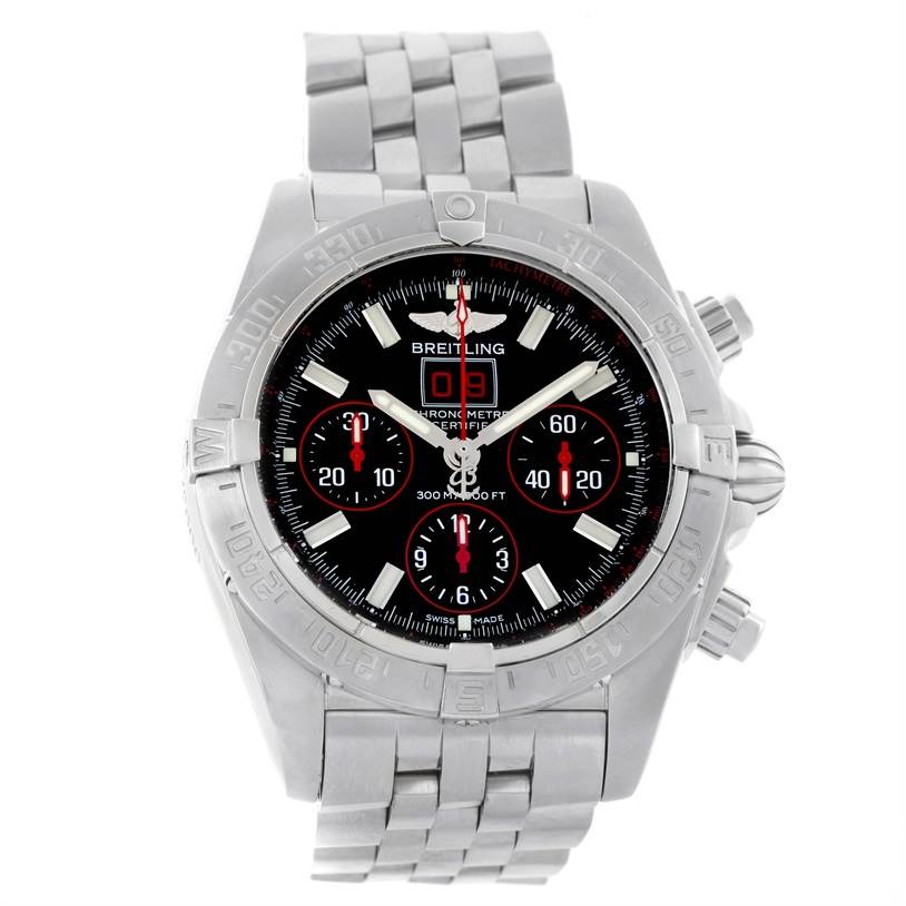 The Breitling Chronomat A44359 Men's Stainless Steel Black Dial A44359 Men's Stainless Steel Black Dial watch is shown from the front angle, displaying the dial, subdials, and full metal bracelet.