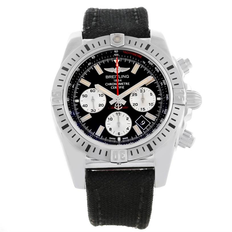 The image shows a front view of a Breitling Chronomat AB0115 Men's Stainless Steel Black Dial AB0115 Men's Stainless Steel Black Dial watch, displaying its dial, bezel, and strap clearly.