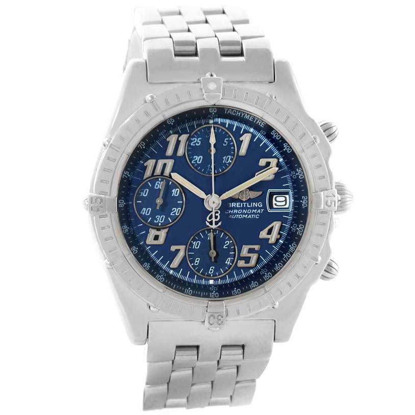 The image shows a front view of the Breitling Chronomat A13050 Men's Stainless Steel Blue Dial A13050 Men's Stainless Steel Blue Dial watch, displaying its face, bezel, and bracelet.