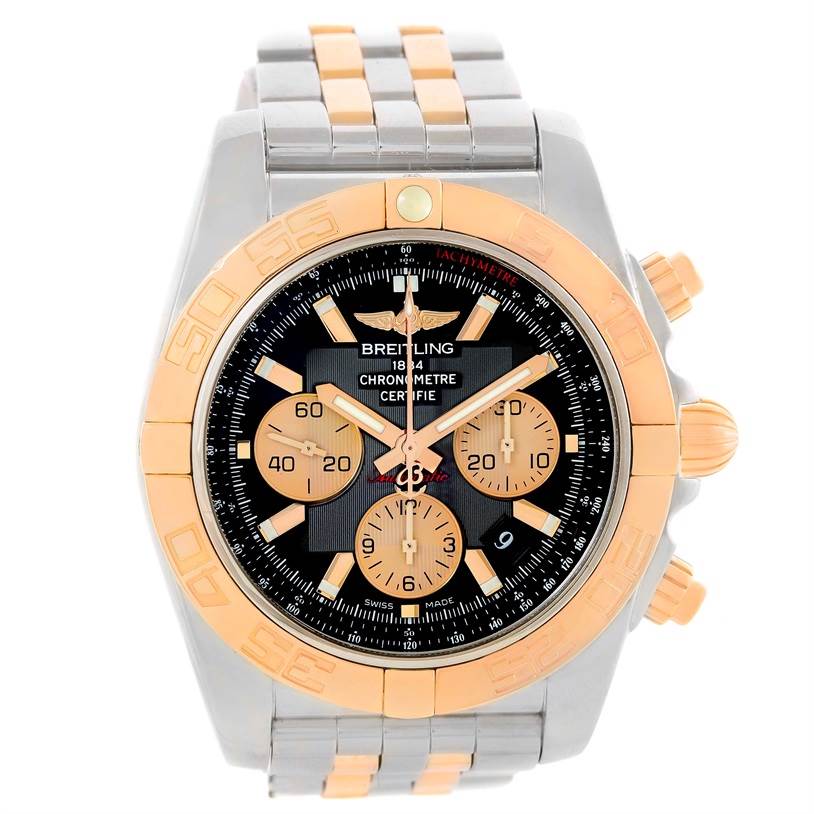 This image shows a front view of a Breitling Chronomat CB0110 Men's Steel and Gold (two tone) Black Dial CB0110 Men's Steel and Gold (two tone) Black Dial watch highlighting its dial, bezel, and bracelet.