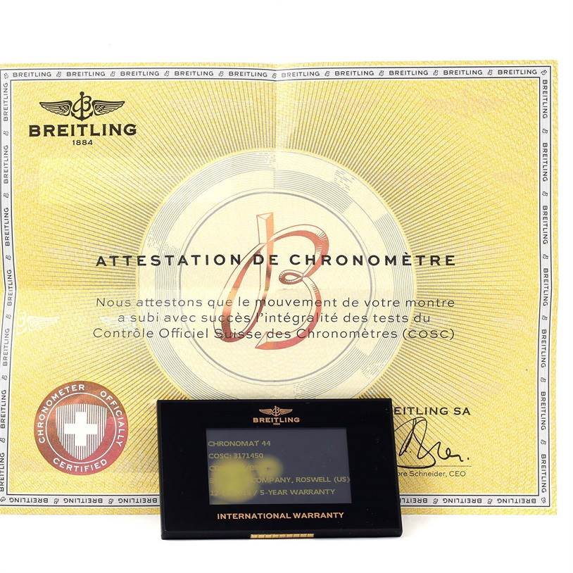 The image shows the certificate and international warranty card for a Breitling Chronomat CB0110 Men's Steel and Gold (two tone) Black Dial CB0110 Men's Steel and Gold (two tone) Black Dial model watch.