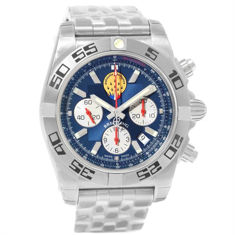 The image shows a front view of the Breitling Chronomat AB0110 Men's Stainless Steel Blue Dial AB0110 Men's Stainless Steel Blue Dial watch, highlighting its dial, bezel, and bracelet.