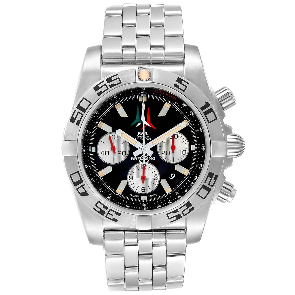 The Breitling Chronomat AB0110 Men's Stainless Steel Black Dial AB0110 Men's Stainless Steel Black Dial watch is shown from a front angle, displaying the entire face, bezel, and metal bracelet.