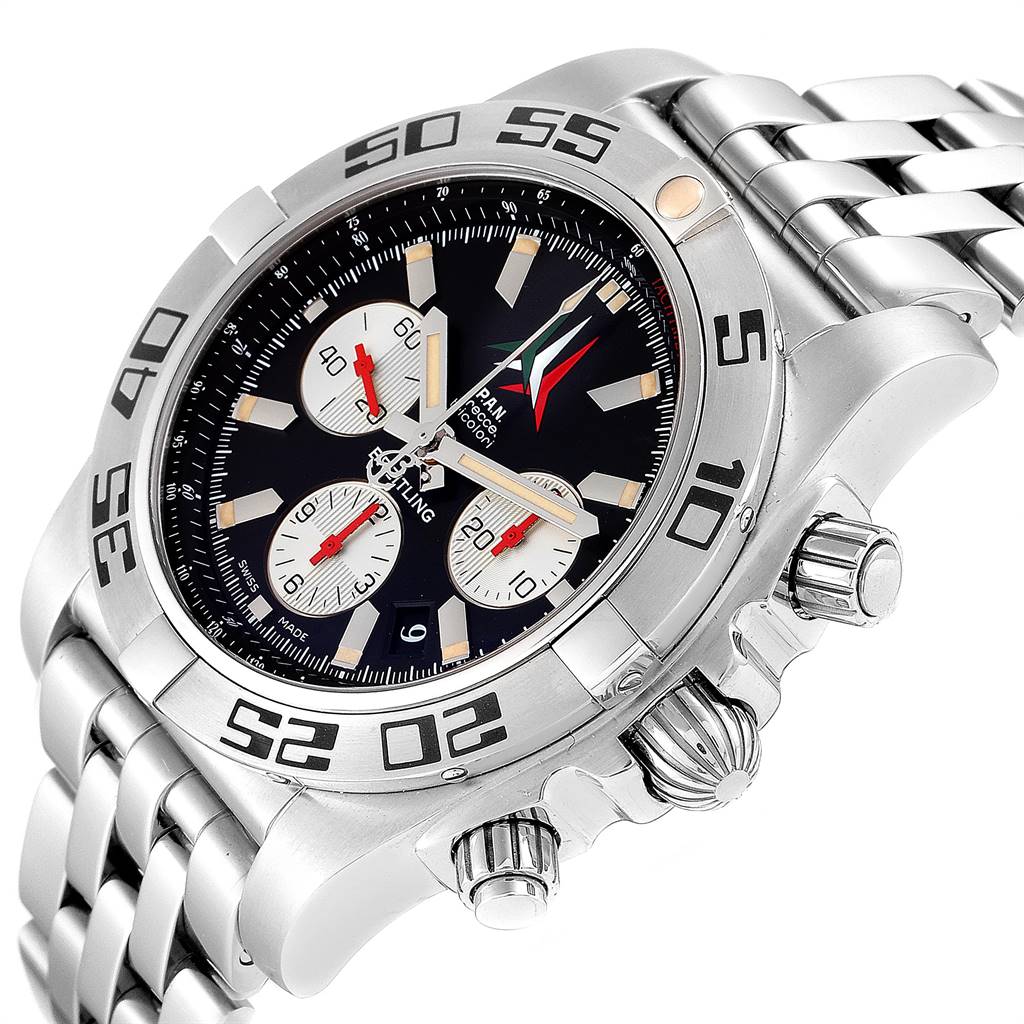 The image shows a Breitling Chronomat AB0110 Men's Stainless Steel Black Dial AB0110 Men's Stainless Steel Black Dial watch from a three-quarter angle, highlighting the face, bezel, crown, and part of the bracelet.