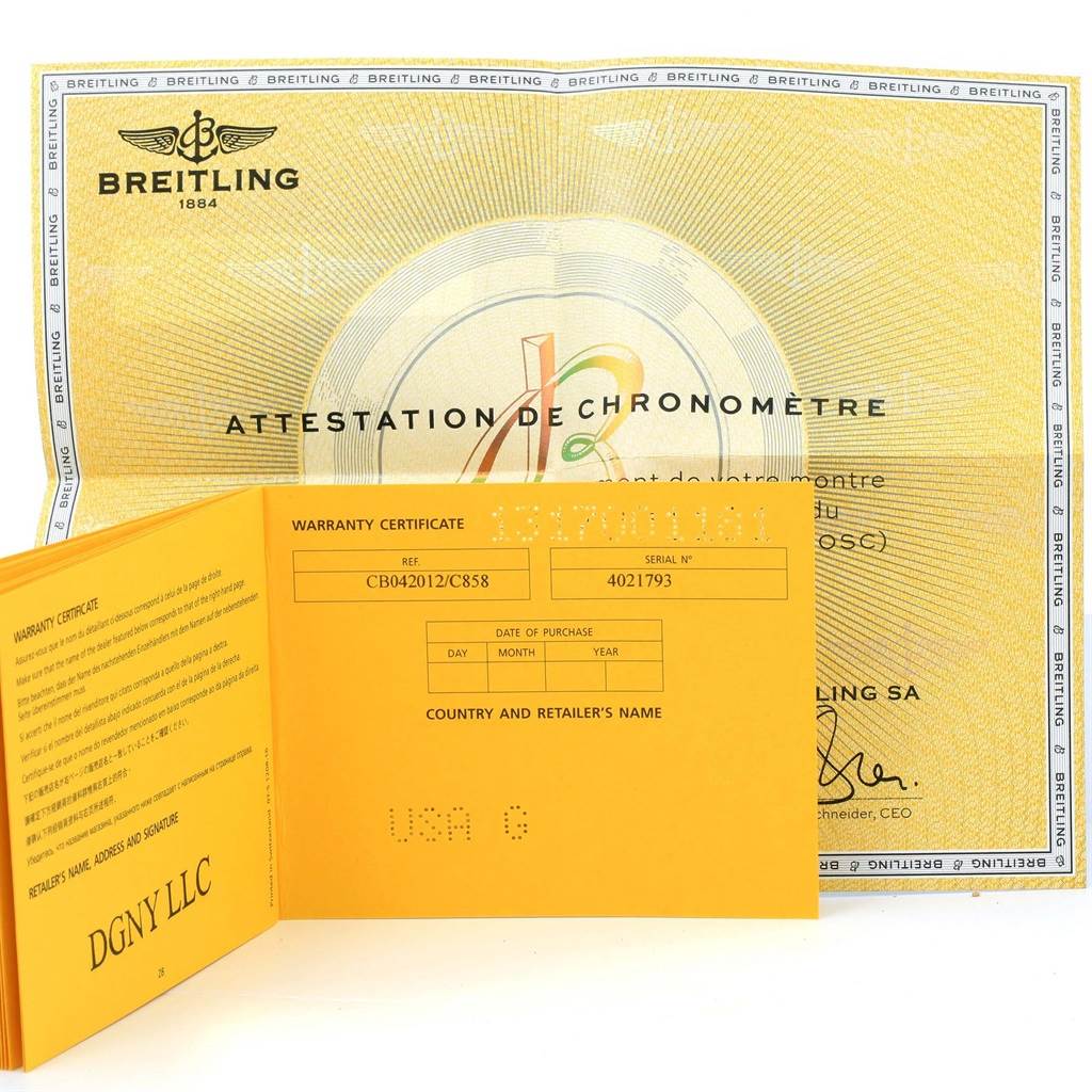 The image shows the warranty certificate and chronometer attestation for the Breitling Chronomat CB042012/C858 Men's Steel and Gold (two tone) Blue Dial CB042012/C858 Men's Steel and Gold (two tone) Blue Dial watch model.