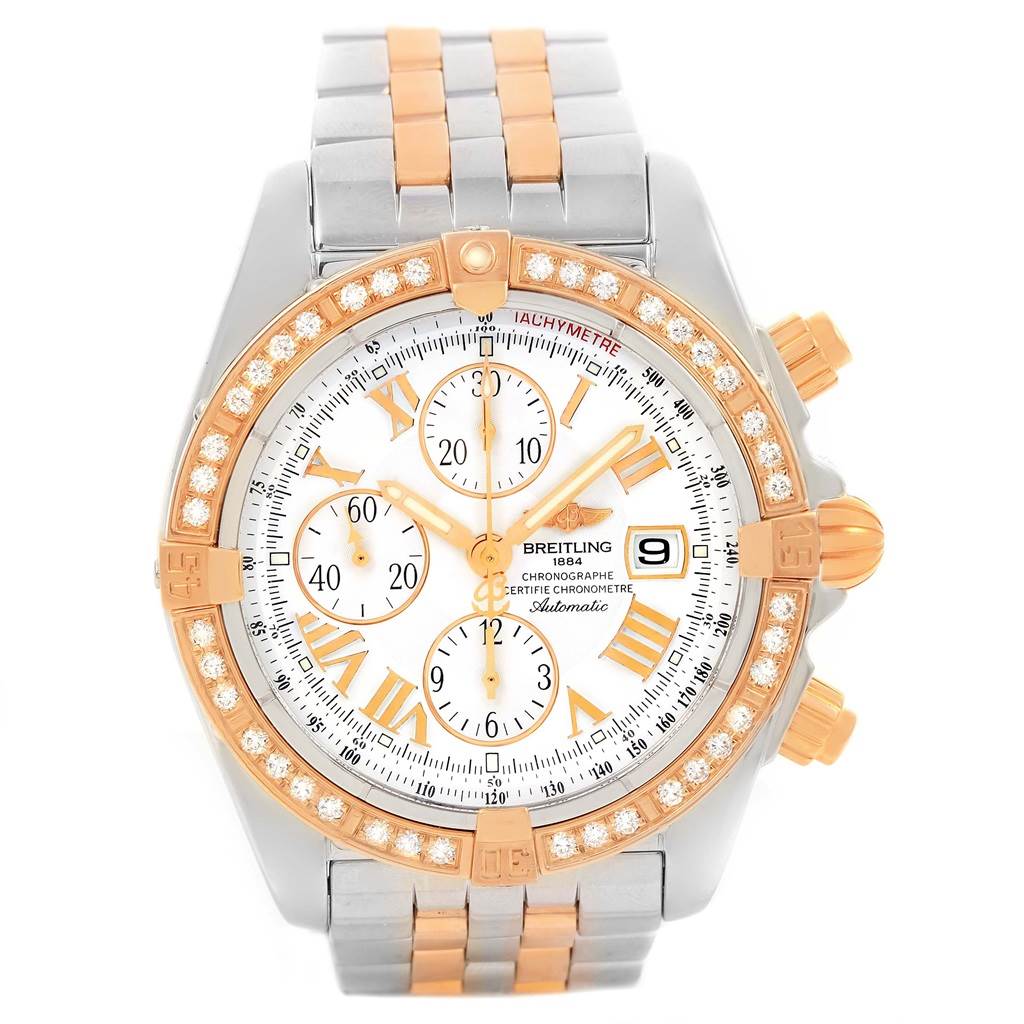 The Breitling Chronomat C13356 Men's Steel and Gold (two tone) White Dial C13356 Men's Steel and Gold (two tone) White Dial watch is shown from the front, displaying its face, bezel, and part of the metal bracelet.