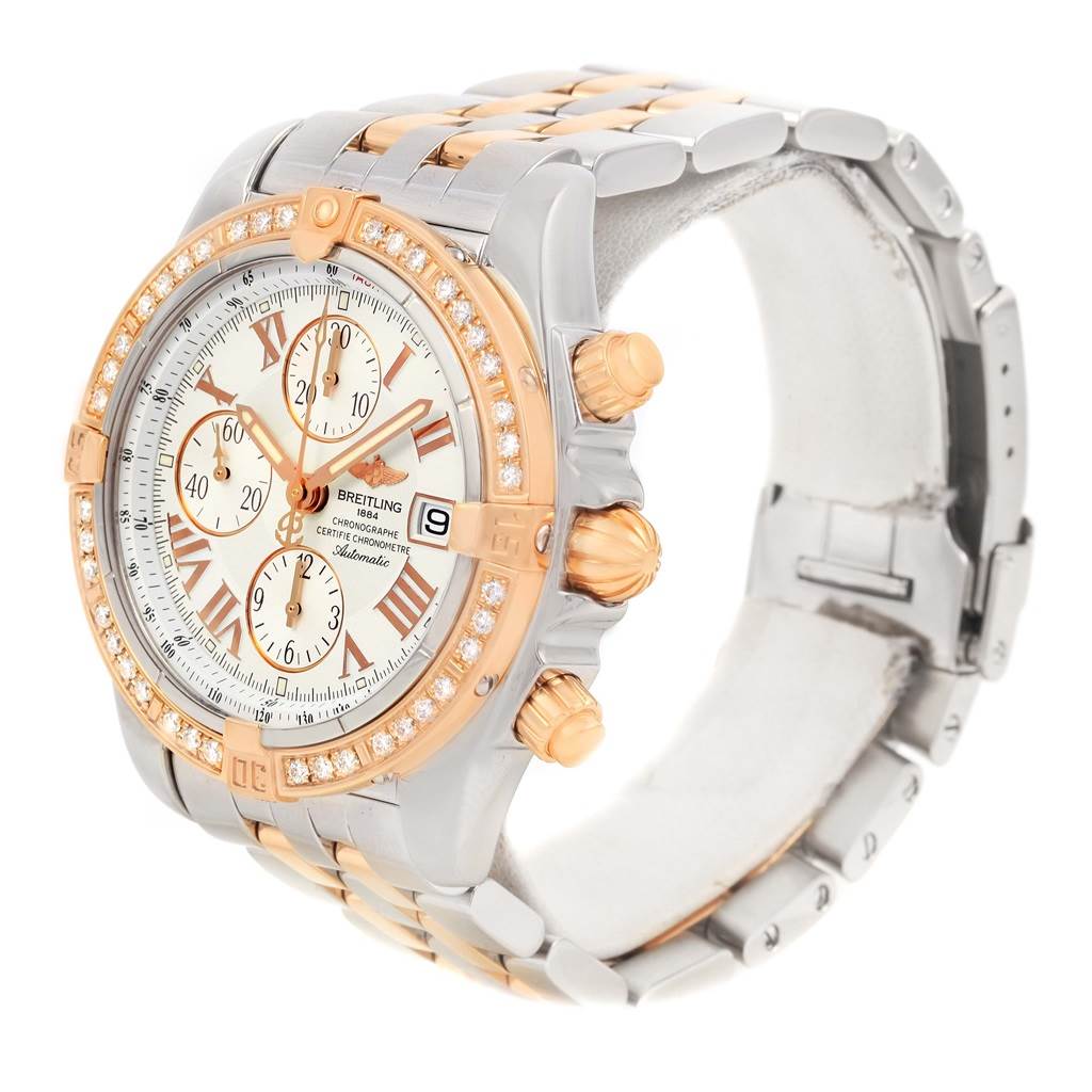 The image shows a side view of a Breitling Chronomat C13356 Men's Steel and Gold (two tone) White Dial C13356 Men's Steel and Gold (two tone) White Dial watch, highlighting its face, bezel, and band.