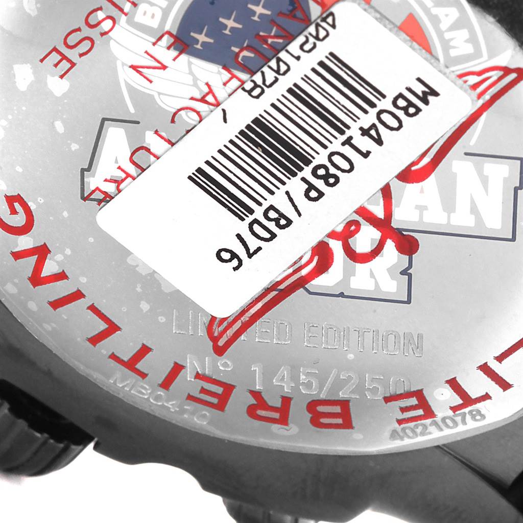 The image shows the case back of a Breitling Chronomat MB0410 Men's Stainless Steel Black Dial MB0410 Men's Stainless Steel Black Dial watch, showcasing its limited edition number and logos.