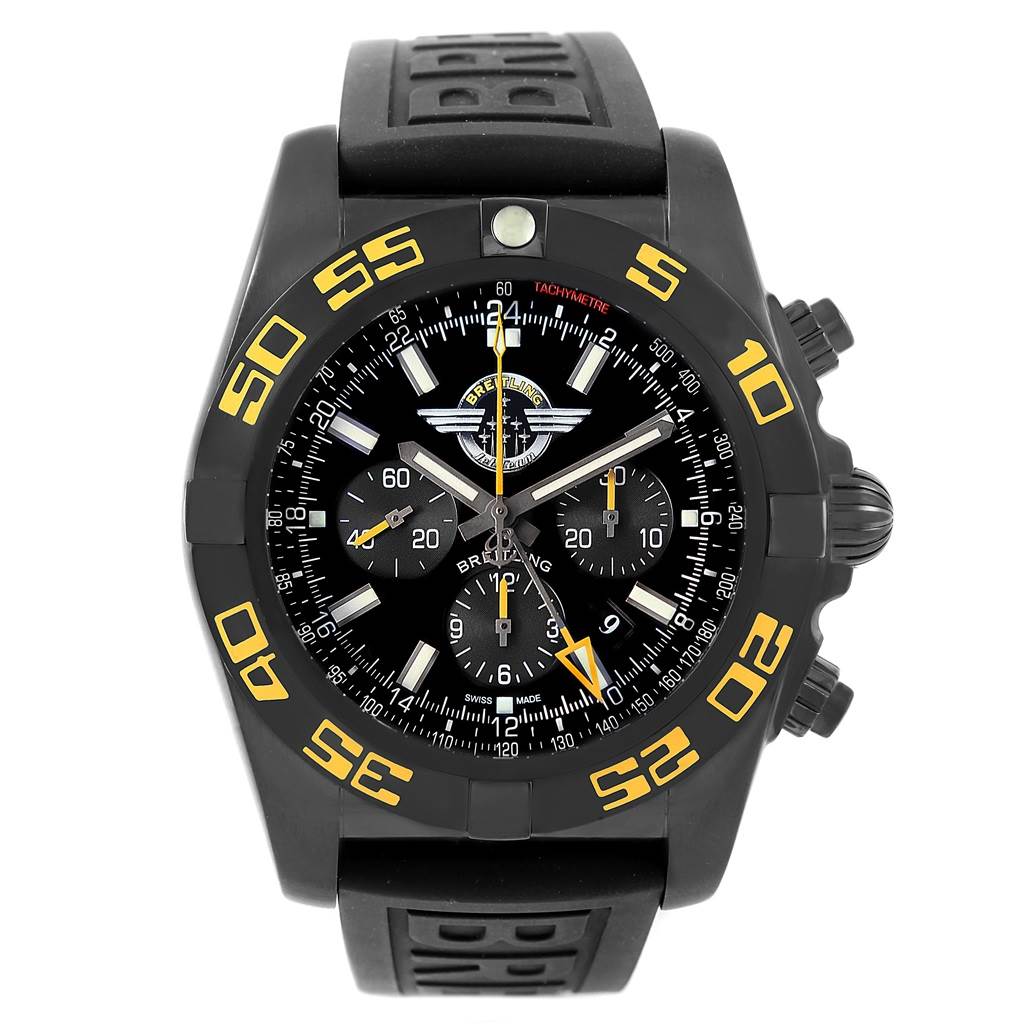The image shows a front view of a Breitling Chronomat MB0410 Men's Stainless Steel Black Dial MB0410 Men's Stainless Steel Black Dial watch featuring a black dial and strap, yellow numerals on the bezel, and multiple subdials.
