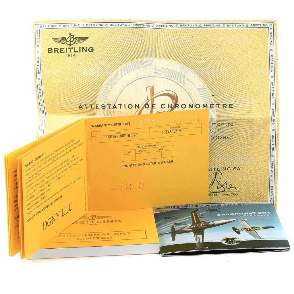 The image shows warranty cards and relevant documents for a Breitling Chronomat MB0410 Men's Stainless Steel Black Dial MB0410 Men's Stainless Steel Black Dial watch.