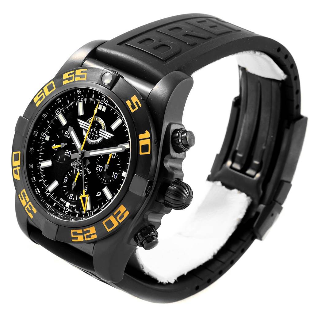 The image shows a Breitling Chronomat MB0410 Men's Stainless Steel Black Dial MB0410 Men's Stainless Steel Black Dial watch, focusing on the face, bezel, pushers, and partially the strap from an angled front view.