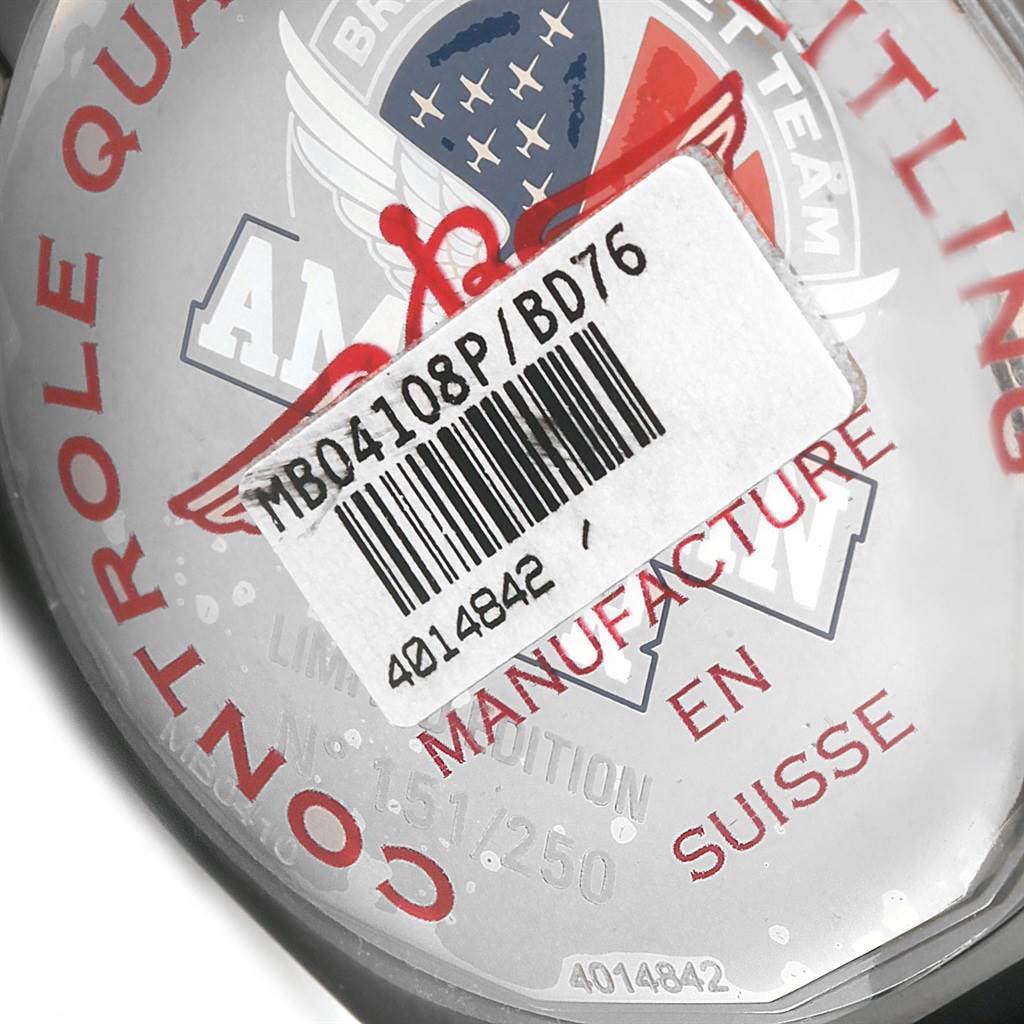 This image shows the back case of a Breitling Chronomat MB0410 Men's Stainless Steel Black Dial MB0410 Men's Stainless Steel Black Dial model watch, including a barcode sticker and branding details.