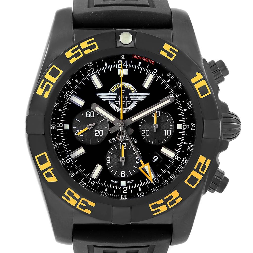 The image shows a front view of a Breitling Chronomat MB0410 Men's Stainless Steel Black Dial MB0410 Men's Stainless Steel Black Dial watch, featuring a black dial, chronograph subdials, and a rubber strap.