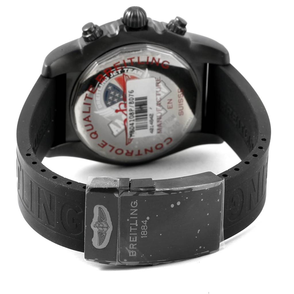 The image shows the back view of a Breitling Chronomat MB0410 Men's Stainless Steel Black Dial MB0410 Men's Stainless Steel Black Dial watch, highlighting the buckle, strap, and case back.