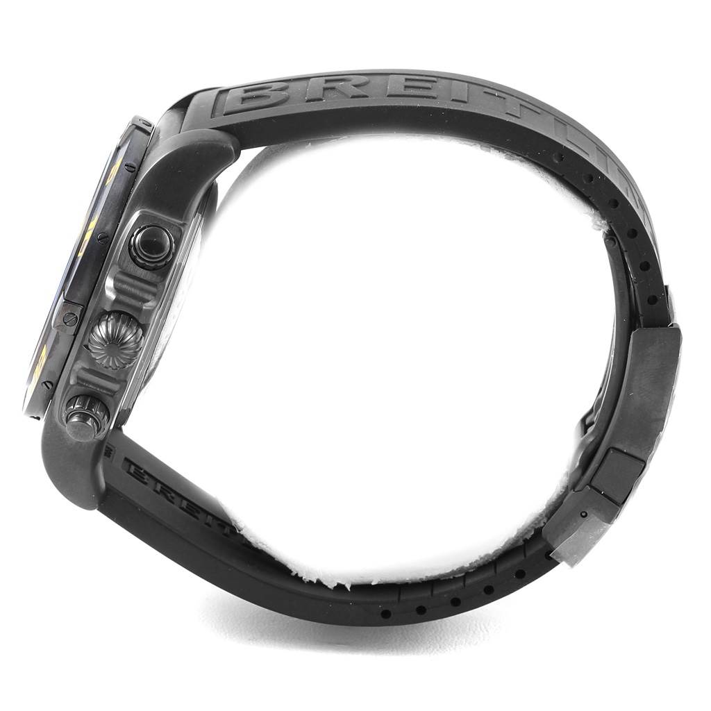 The image shows a Breitling Chronomat MB0410 Men's Stainless Steel Black Dial MB0410 Men's Stainless Steel Black Dial watch from a side view, highlighting its strap, case, and crown.