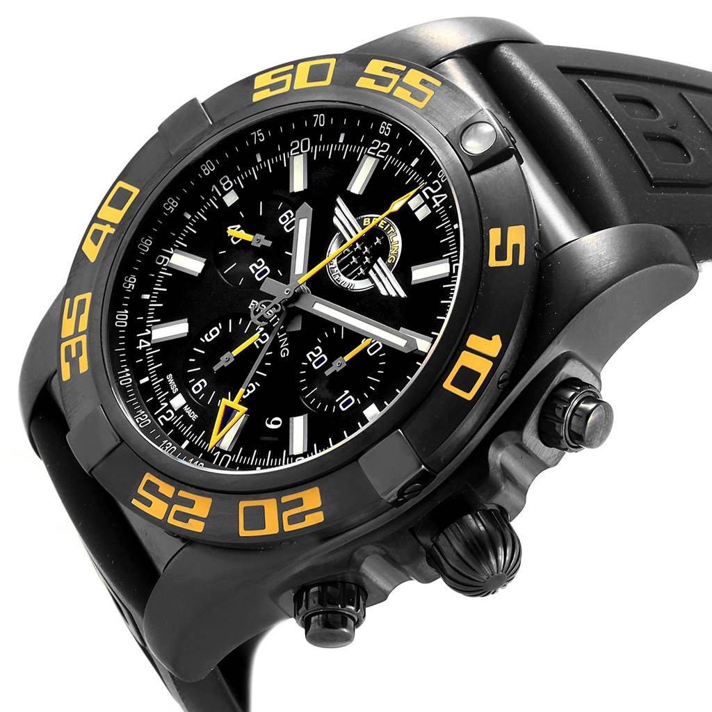 The image shows a side-angle view of the Breitling Chronomat MB0410 Men's Stainless Steel Black Dial MB0410 Men's Stainless Steel Black Dial watch, focusing on the bezel, dial, and chronograph buttons.