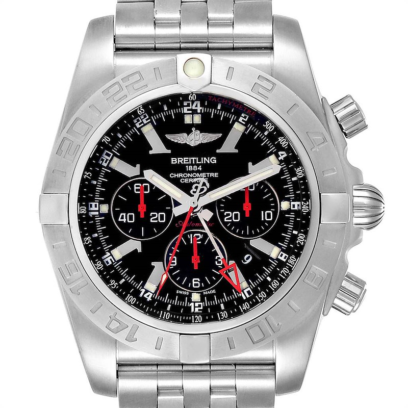 The image shows a front view of the Breitling Chronomat watch, highlighting its stainless steel bracelet, bezel, and chronograph sub-dials.