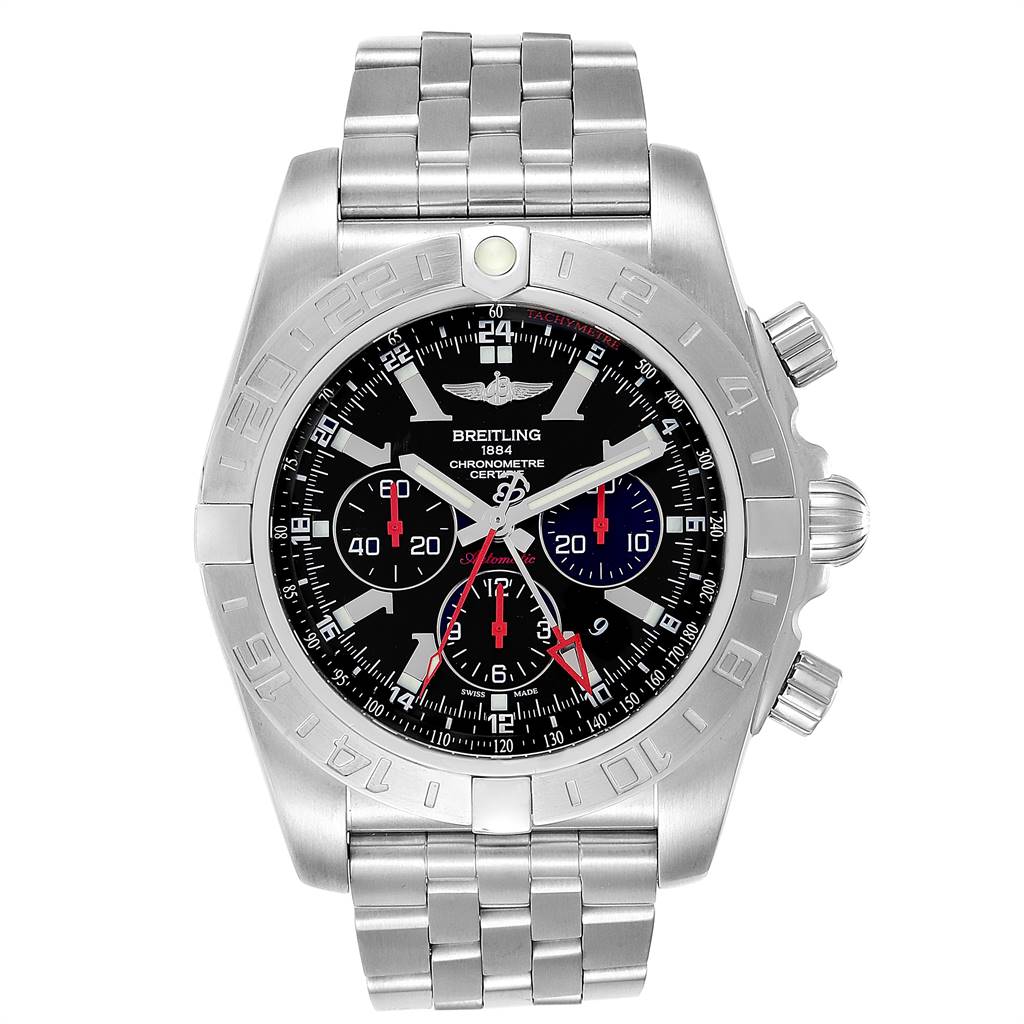 This image shows a front view of a Breitling Chronomat AB041210/BB48 - 384A Men's Stainless Steel Black Dial AB041210/BB48 - 384A Men's Stainless Steel Black Dial watch, highlighting its stainless steel case and bracelet, and detailed dial.