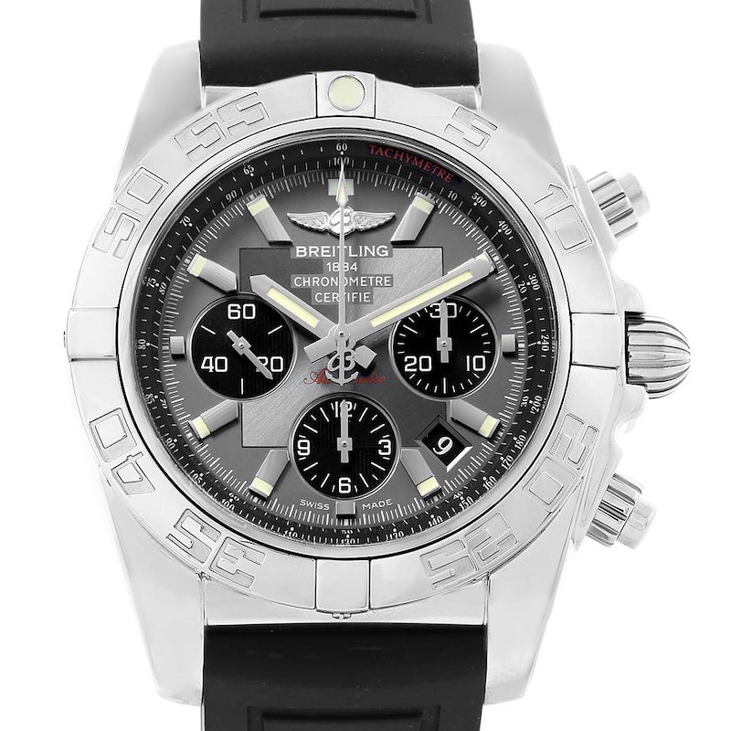 Breitling Chronomat 01 Grey Dial Rubber Strap Steel Mens Watch AB0110 SwissWatchExpo