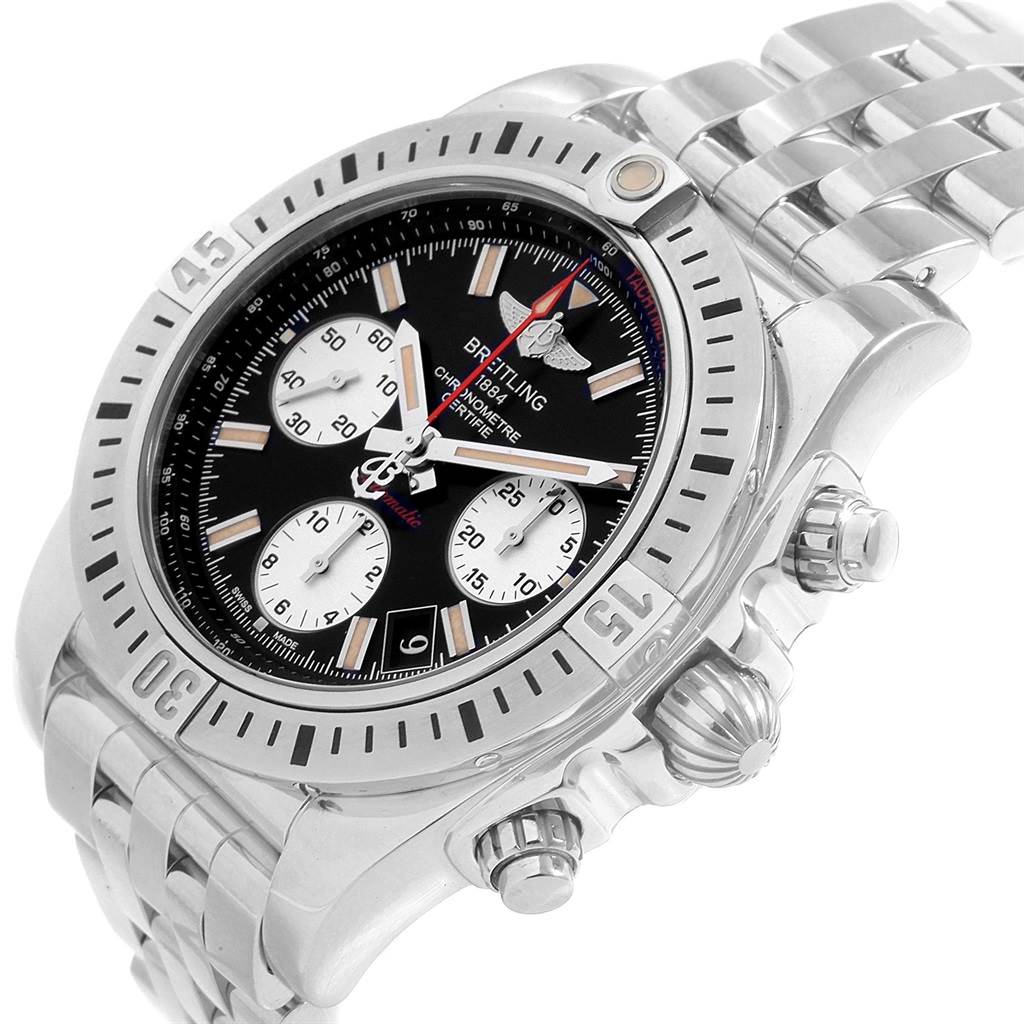 The Breitling Chronomat AB0114 Men's Stainless Steel Black Dial AB0114 Men's Stainless Steel Black Dial watch is shown at a slight angle, displaying the face, bezel, crown, and part of the stainless steel bracelet.