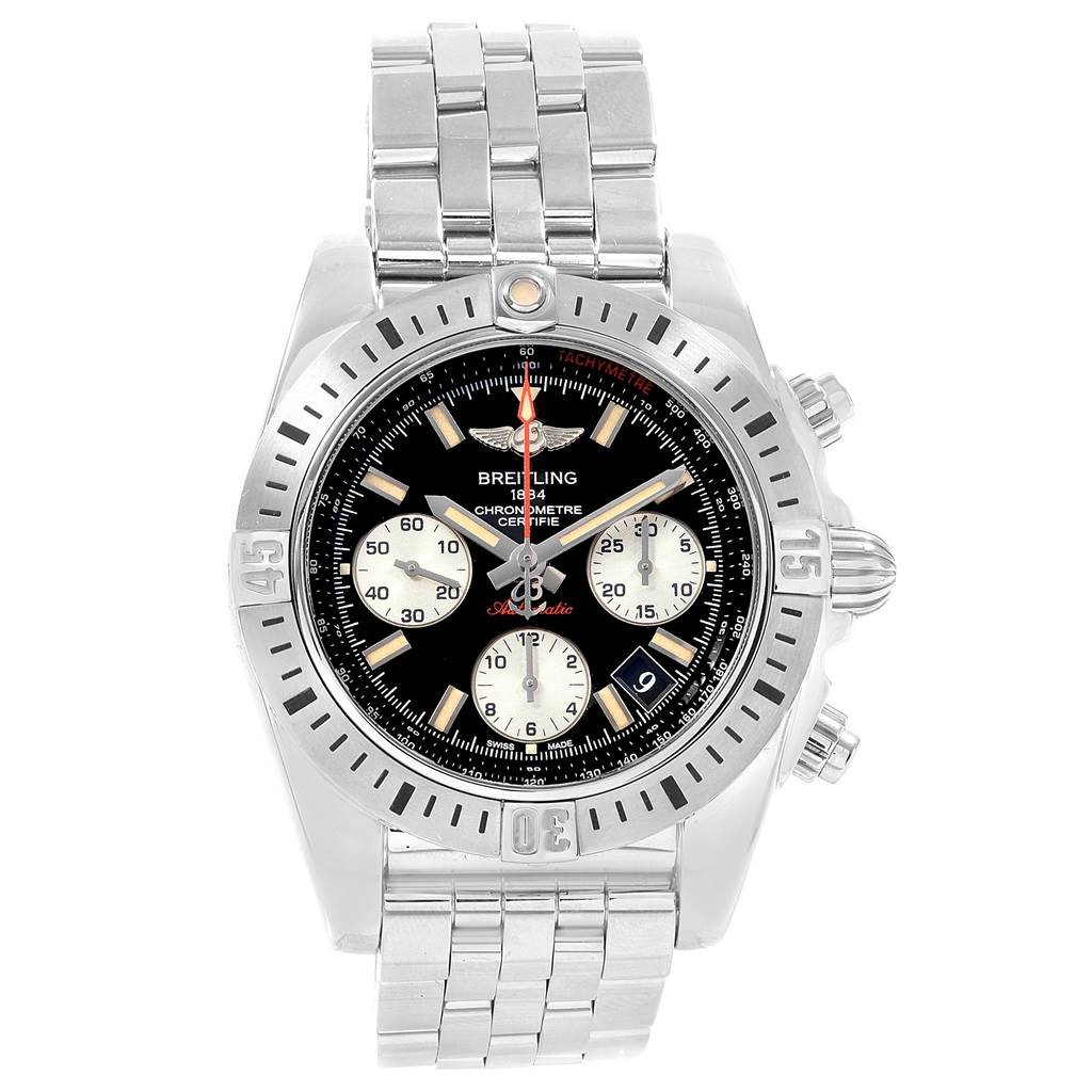 The image shows a front view of the Breitling Chronomat AB0114 Men's Stainless Steel Black Dial AB0114 Men's Stainless Steel Black Dial watch, highlighting its dial, bezel, and stainless steel bracelet.