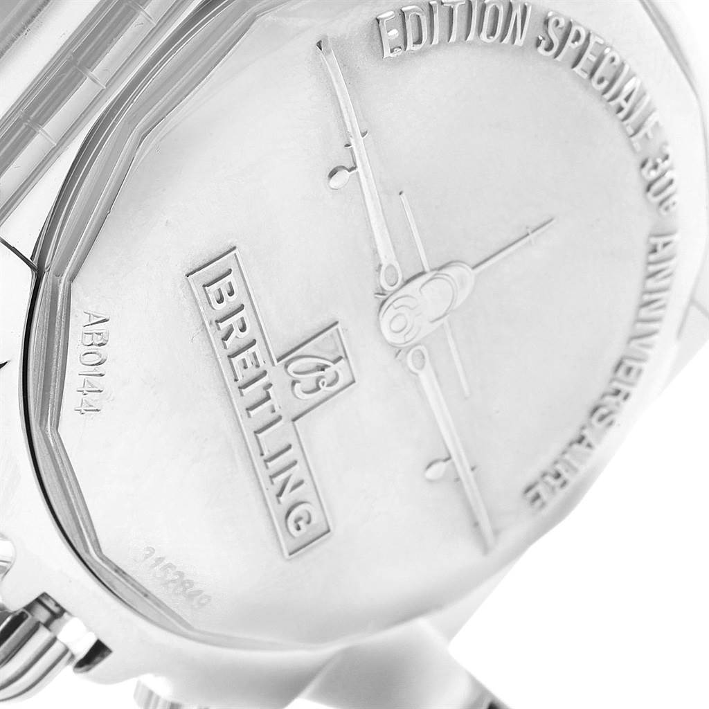 The image shows the engraved case back of a Breitling Chronomat AB0114 Men's Stainless Steel Black Dial AB0114 Men's Stainless Steel Black Dial watch, highlighting its special edition markings.