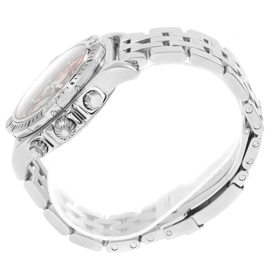 The image shows a side view angle of the Breitling Chronomat AB0114 Men's Stainless Steel Black Dial AB0114 Men's Stainless Steel Black Dial watch, highlighting the bezel, crown, chronograph pushers, and bracelet.