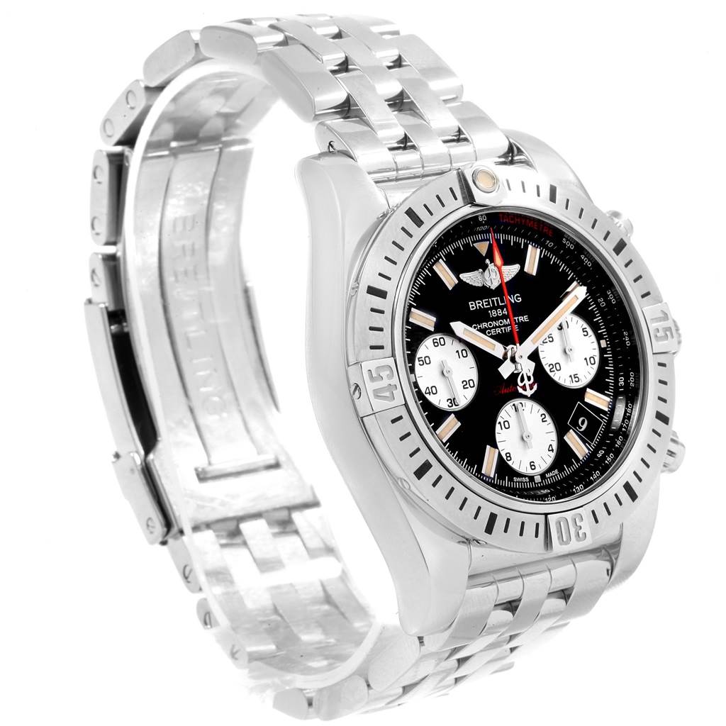 The image shows a Breitling Chronomat AB0114 Men's Stainless Steel Black Dial AB0114 Men's Stainless Steel Black Dial watch from a front angle, highlighting the face, bezel, and part of the metal bracelet.