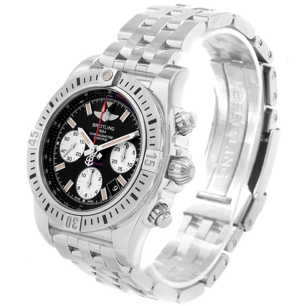 The image shows a Breitling Chronomat AB0114 Men's Stainless Steel Black Dial AB0114 Men's Stainless Steel Black Dial watch from a front angle, highlighting its bracelet, dial, bezel, and side buttons.
