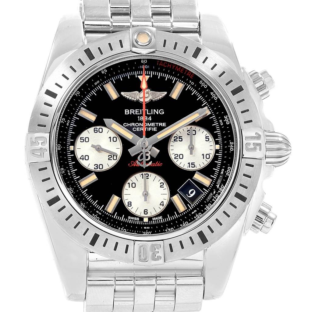 This image shows a front view of a Breitling Chronomat AB0114 Men's Stainless Steel Black Dial AB0114 Men's Stainless Steel Black Dial watch, highlighting the bezel, dial, chronograph sub-dials, and bracelet.