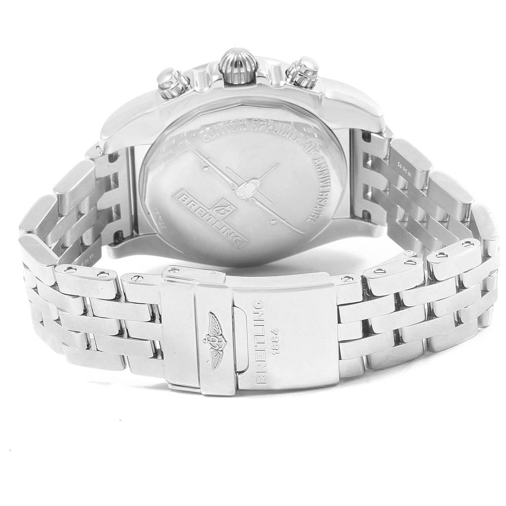 This image shows the back view of a Breitling Chronomat AB0114 Men's Stainless Steel Black Dial AB0114 Men's Stainless Steel Black Dial watch, highlighting the clasp, bracelet, and back case with branding.