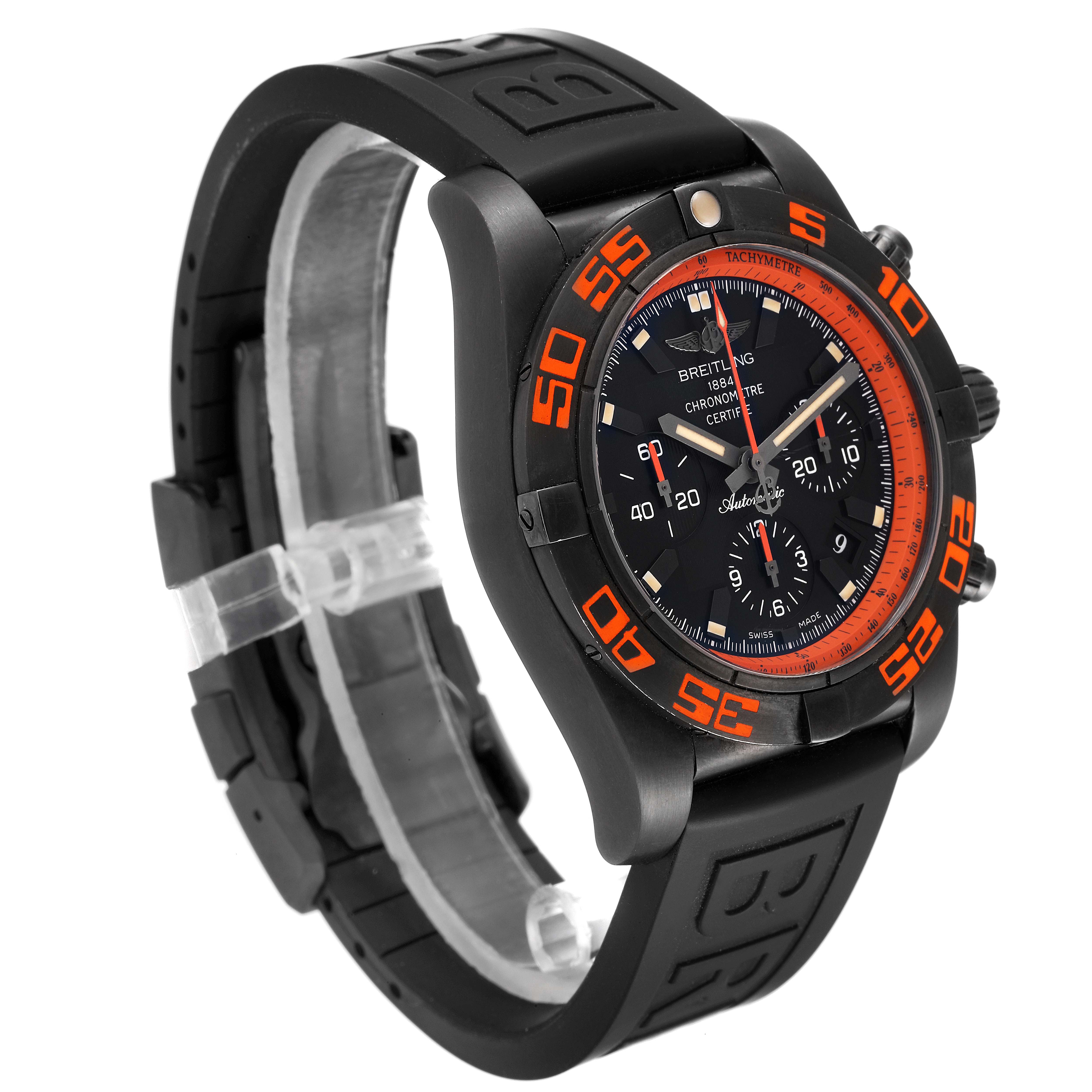 The Breitling Chronomat MB0111C2/BD07/153S Men's Stainless Steel Black Dial MB0111C2/BD07/153S Men's Stainless Steel Black Dial watch is shown at a three-quarter angle, highlighting its black and orange bezel, chronograph features, and rubber strap.