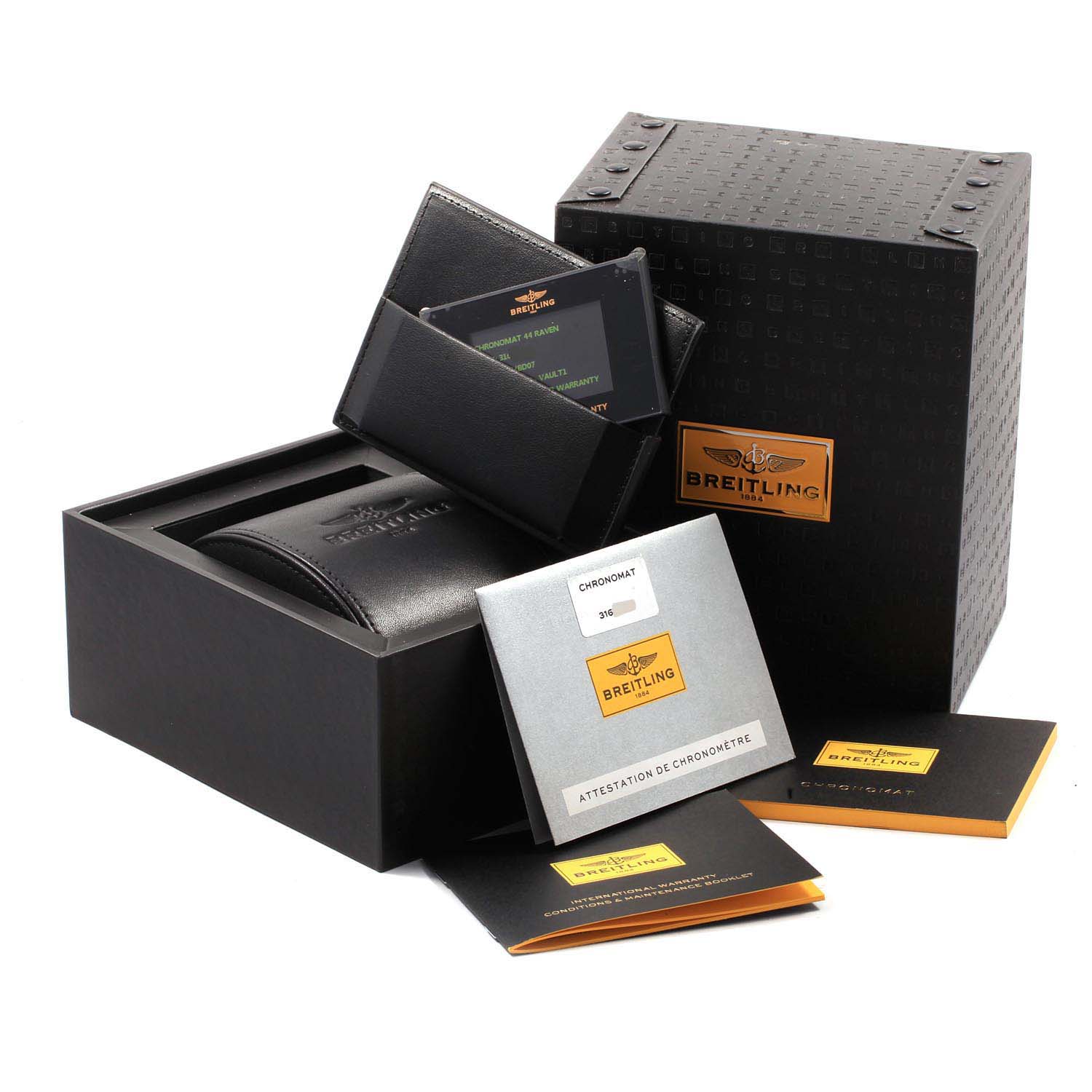 The image shows a Breitling Chronomat MB0111C2/BD07/153S Men's Stainless Steel Black Dial MB0111C2/BD07/153S Men's Stainless Steel Black Dial watch with its box, papers, and accessories, viewed from a front angle.