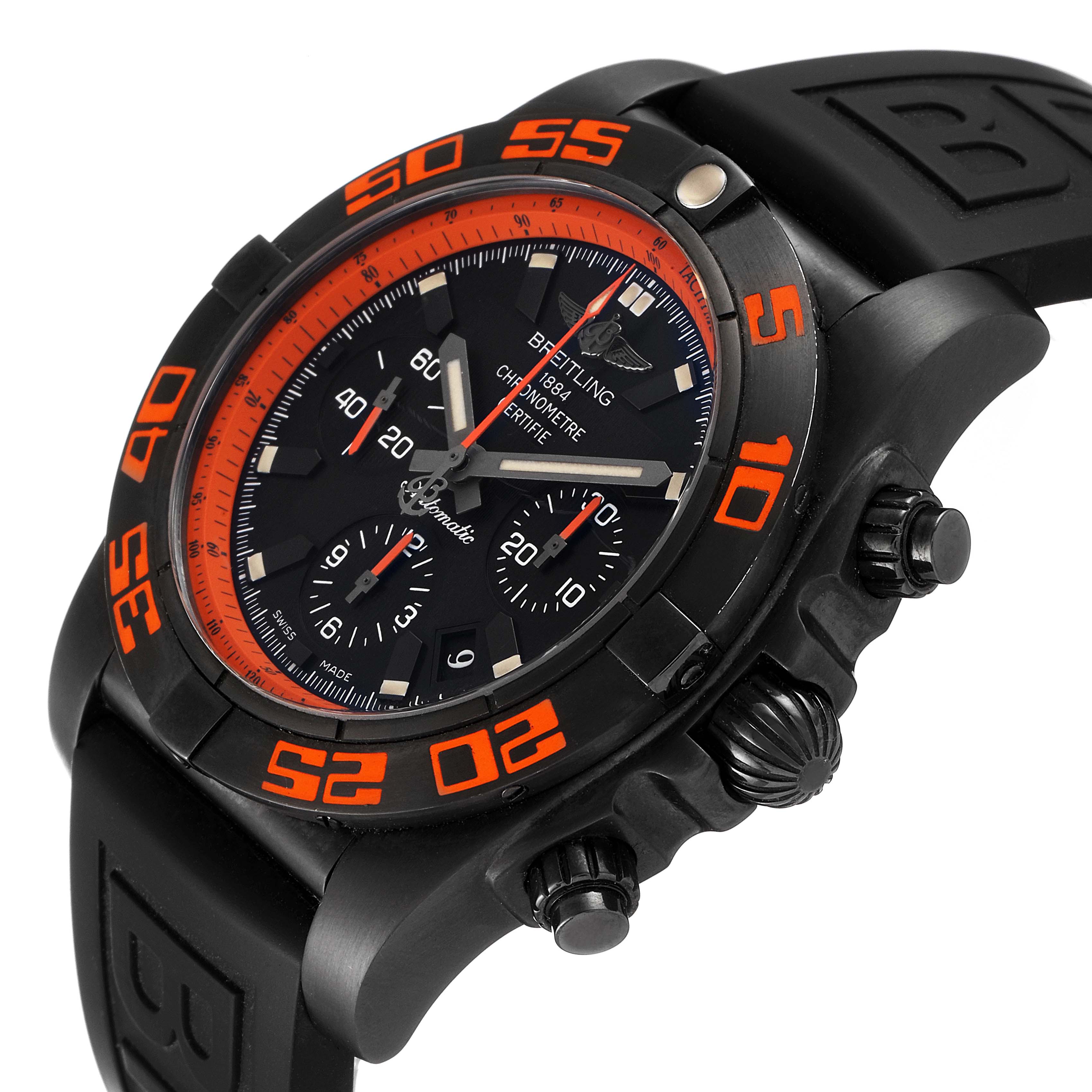 The Breitling Chronomat MB0111C2/BD07/153S Men's Stainless Steel Black Dial MB0111C2/BD07/153S Men's Stainless Steel Black Dial model watch is shown at a front-side angle, highlighting its dial, crown, pushers, and strap.